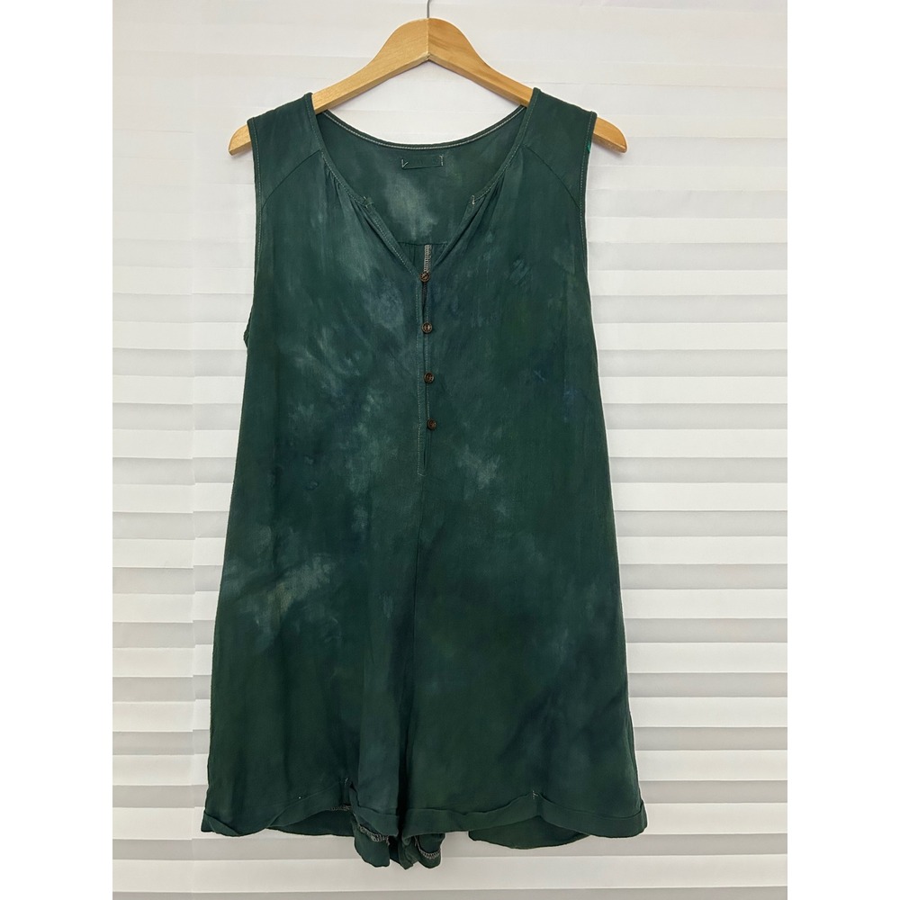 Sozy Womens Green Tie Dye Sleeveless Henley‎ Romper Pockets Size Medium